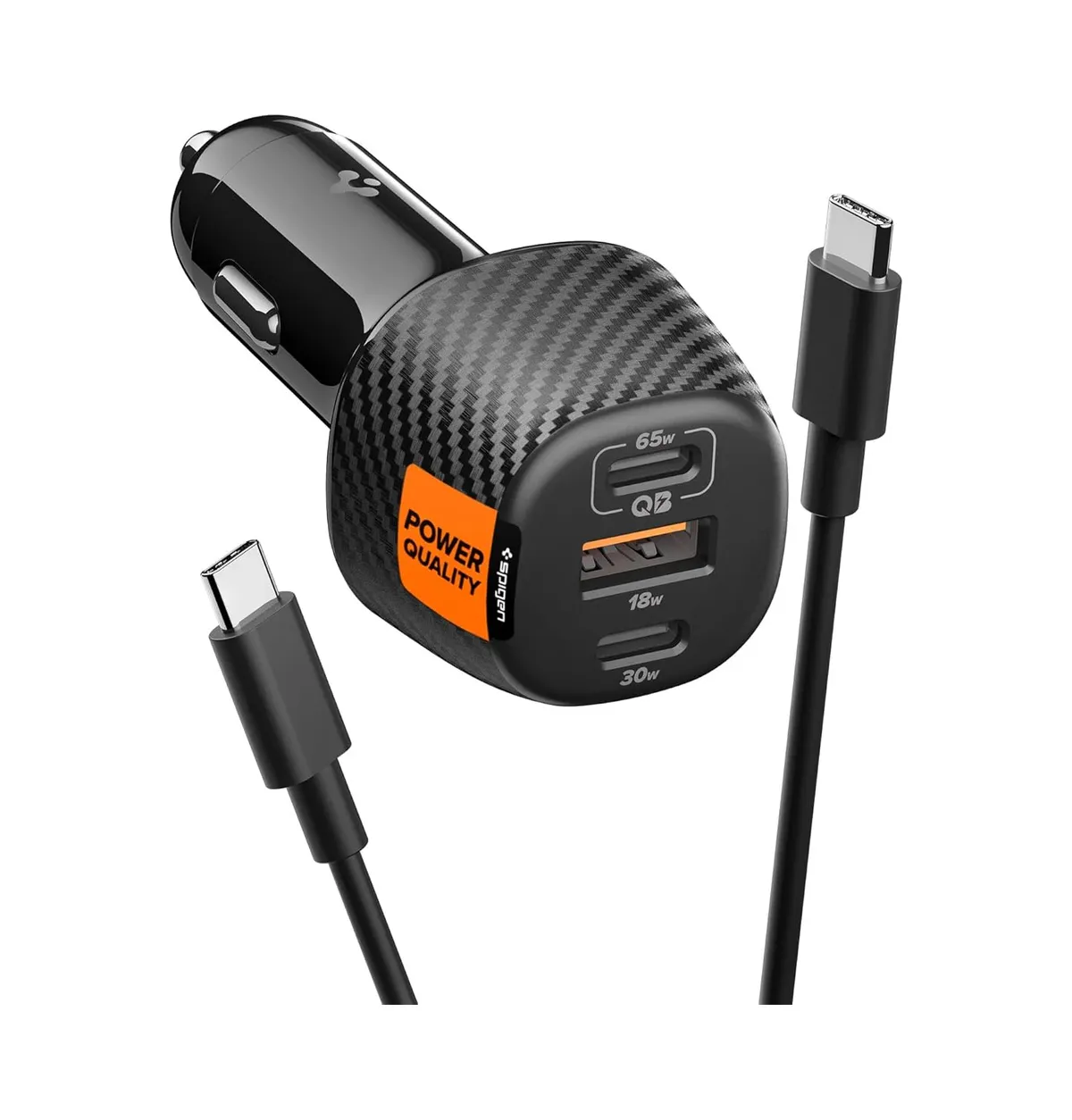 Spigen 113W Triple Port Fast Car Charger Adapter Cable Included - Black