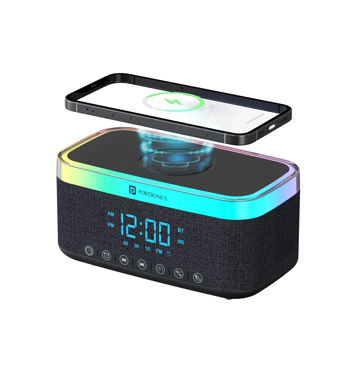 Portronics Trifusion 16W HD Sound Bluetooth Speaker with 15W Wireless Charging, 360°RGB LED Lights, Digital Clock with Alarm Setting, Built-in White Noise, USB/SD Card/AUX in, Type C Charging(Black)