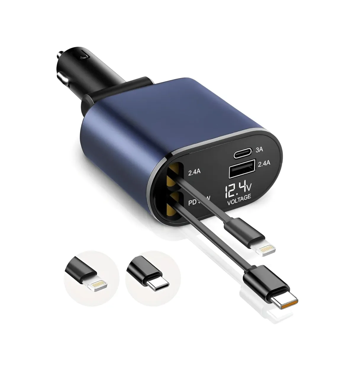 GadgetBite VOLT Car Charger 120 Watt 4 in 1 Charger with Retractable Cables & Dual Ports Type C cable and Lightning cable Super Fast Charger Compatible With iPhone 17 to 11 Pro Max Android iPad - Blue