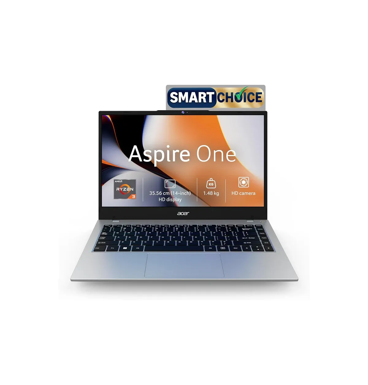 Acer Smartchoice Aspire One, AMD Ryzen 3-7320U, 8GB LPDDR5 RAM/ 256GB SSD, 14.0"/35.56cm TN HD Display, Win 11 Home, Pure Silver, 1.48KG, A114-43, Thin and Light Laptop