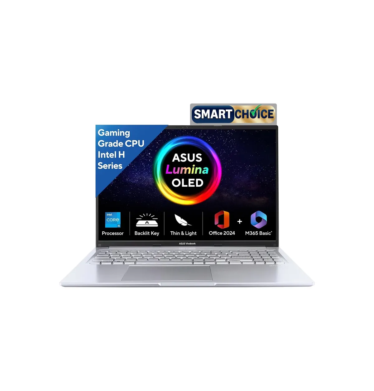ASUS Vivobook 16,Smartchoice, 13th Gen, Intel Core i5-13420H,16GB RAM,512GB SSD,FHD, OLED,Win 11,M365 Basic (1Y),Backlit Keyboard,Office 2024,Silver,1.88 kg,X1605VA-SH1952WS, Thin & Light Laptop