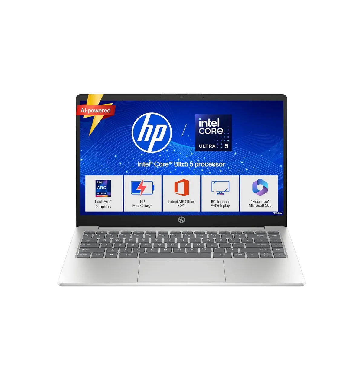 HP 15 Smartchoice, Intel Core Ultra 5 125H 12 TOPS, 24GB DDR5 (Upgradeable) 1TB SSD,Anti-Glare, FHD, 15''/39.6cm,Win11, M365*Office24, Silver, 1.65kg, FD1458TU, FHD Camera w/Shutter, Backlit AI Laptop