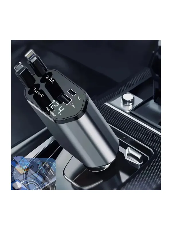 Product 120W Fast Car Charger with 80CM Retractable Type-C & 30-pin Port Cables Charging for 4 Devices – Universal Car Mobile Charger for All Smartphones & Tablets (4 in 1 Car Charger) Image