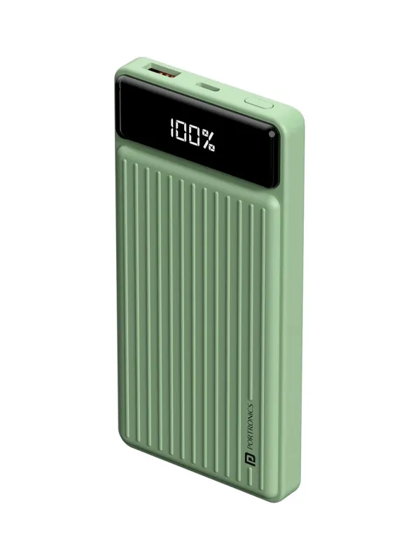 Product Portronics Luxcell B 10K 10000 mAh 22.5W Fast Charging Power Bank, Ultra Slim Power Bank with Mach USB-A Output, Type C PD Output, Type C Input, Wake Up Button(Green) Image