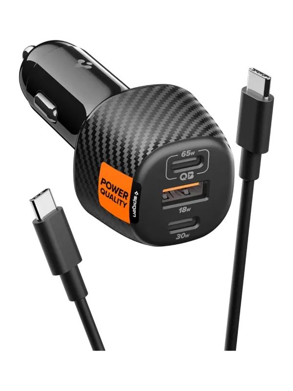 Product Spigen 113W Triple Port Fast Car Charger Adapter Cable Included - Black Image