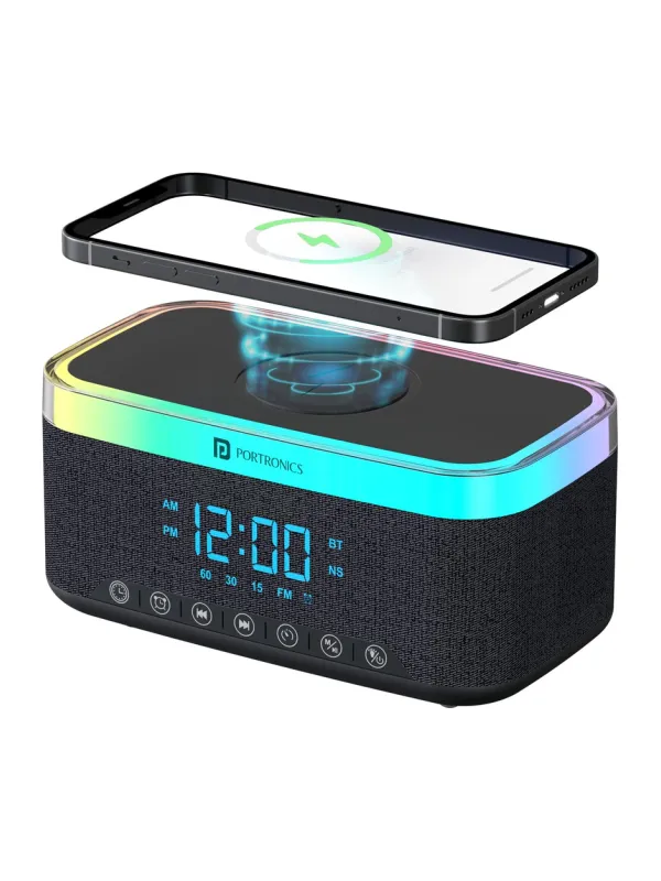 Product Portronics Trifusion 16W HD Sound Bluetooth Speaker with 15W Wireless Charging, 360°RGB LED Lights, Digital Clock with Alarm Setting, Built-in White Noise, USB/SD Card/AUX in, Type C Charging(Black) Image