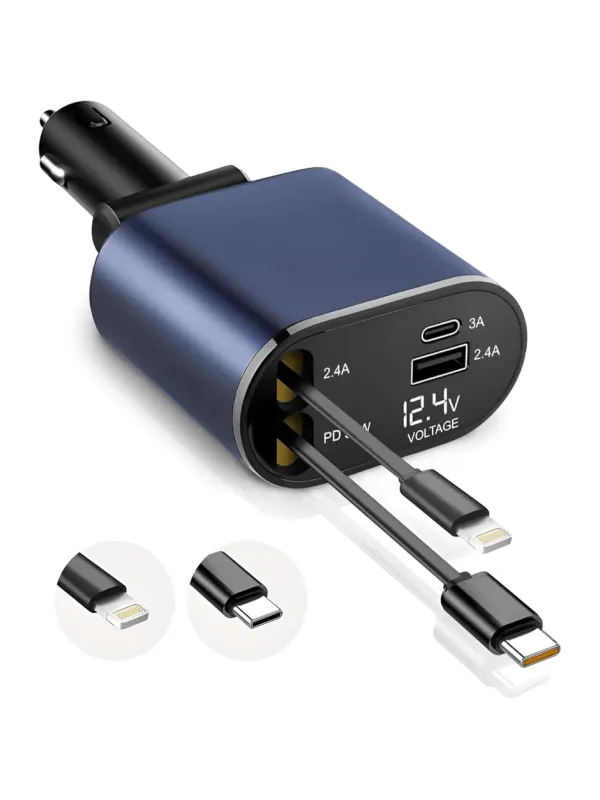 Product GadgetBite VOLT Car Charger 120 Watt 4 in 1 Charger with Retractable Cables & Dual Ports Type C cable and Lightning cable Super Fast Charger Compatible With iPhone 17 to 11 Pro Max Android iPad - Blue Image