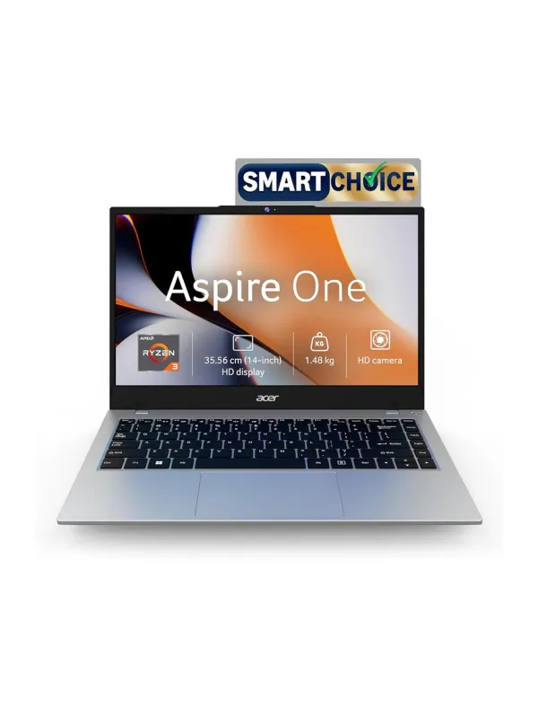 Product Acer Smartchoice Aspire One, AMD Ryzen 3-7320U, 8GB LPDDR5 RAM/ 256GB SSD, 14.0"/35.56cm TN HD Display, Win 11 Home, Pure Silver, 1.48KG, A114-43, Thin and Light Laptop Image