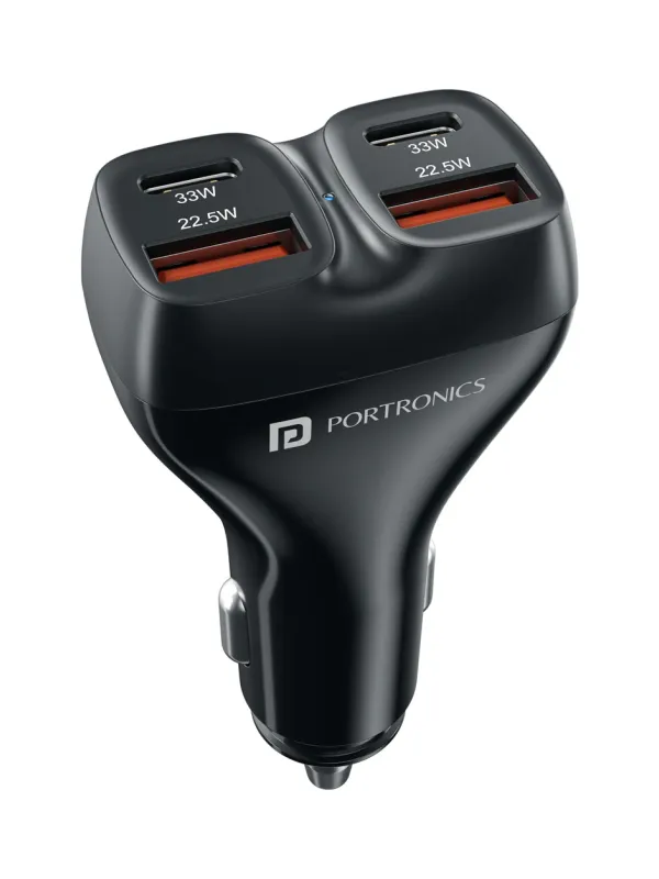 Product Portronics Car Power Quard 111W Car Charger, 4 Ports Fast Car Charger, Dual 33W Type-C PD, Dual 22.5W USB-A, Charge 4 Devices Simultaneously, for Smartphones, iPhones, Tablets, Earbuds & More Image