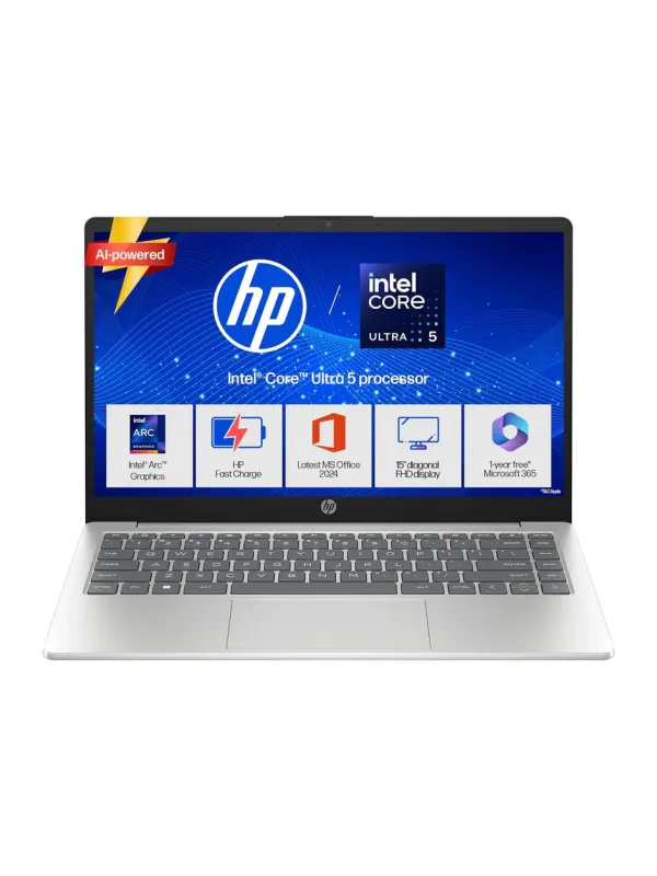 Product HP 15 Smartchoice, Intel Core Ultra 5 125H 12 TOPS, 24GB DDR5 (Upgradeable) 1TB SSD,Anti-Glare, FHD, 15''/39.6cm,Win11, M365*Office24, Silver, 1.65kg, FD1458TU, FHD Camera w/Shutter, Backlit AI Laptop Image