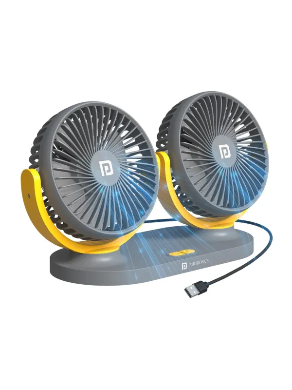 Product Portronics Twin Cool Dual Head Portable USB Powered Fan With 360° Rotatable Head, 3 Speed Control, Ultra Silent Operation, Brushless Motor, Suitable For 12/24V Car,SUV,Bus,Desk,Home Fan (Grey) Image